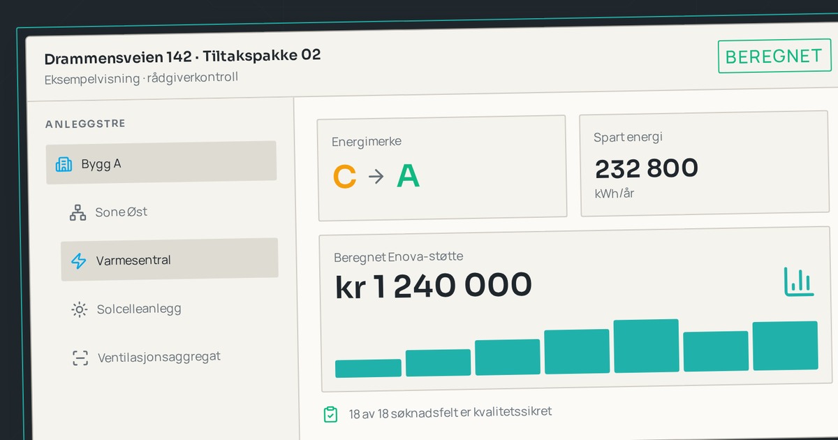 Framsyn Analyse med anleggstre, energimerke, beregnet energisparing og Enova-støtte